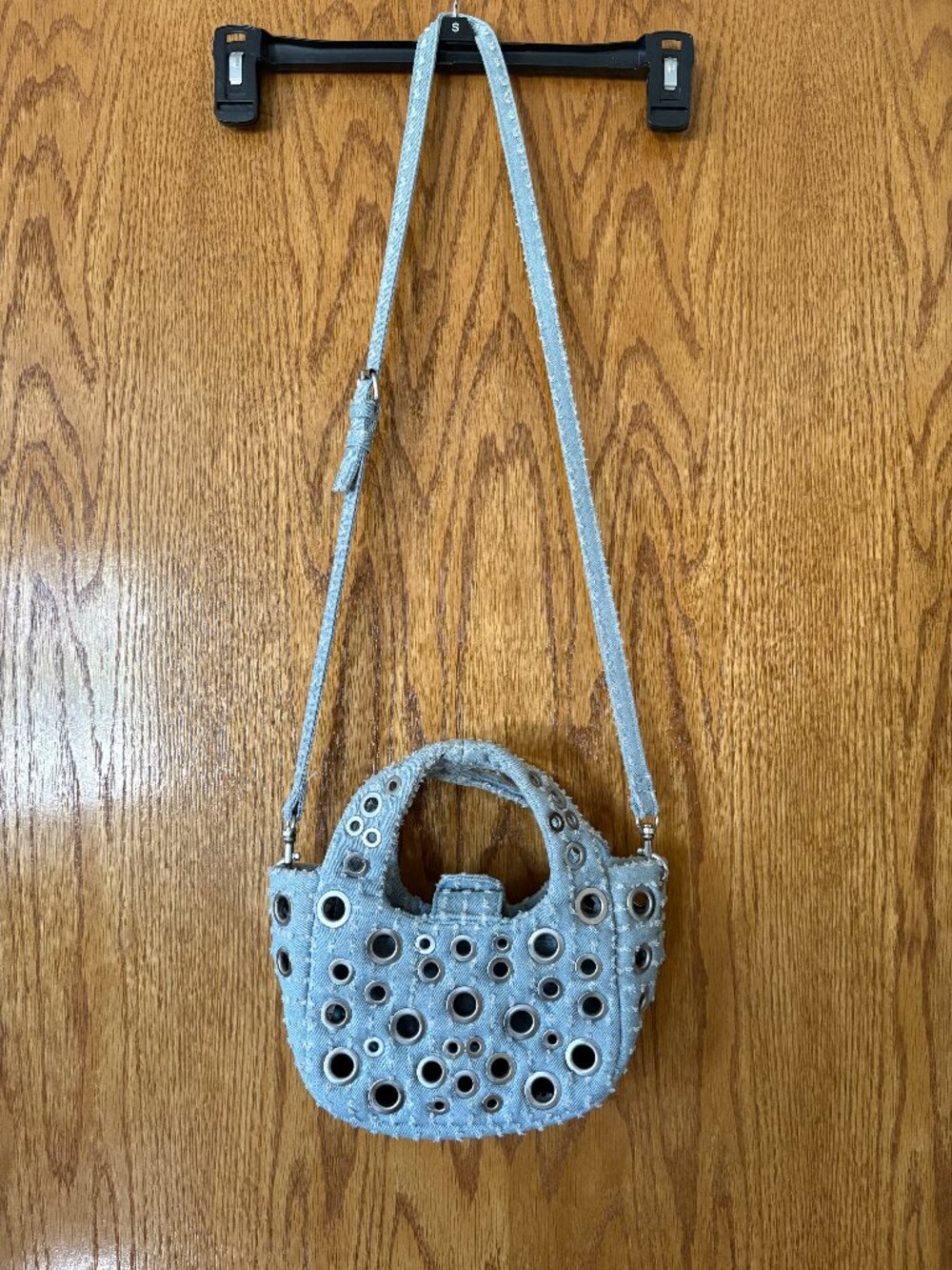 Zara Light Blue Denim Eyelet Small Purse Bag with Adjustable Strap